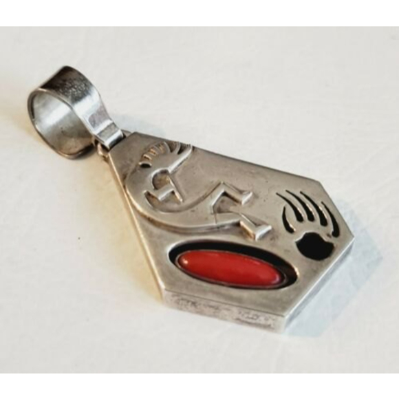 Coral & Sterling Silver Kokopelli BEAR CLAW Pendant by...